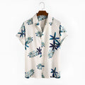 White casual printed cotton shirt with lapel collar and short sleeves, loose fit
