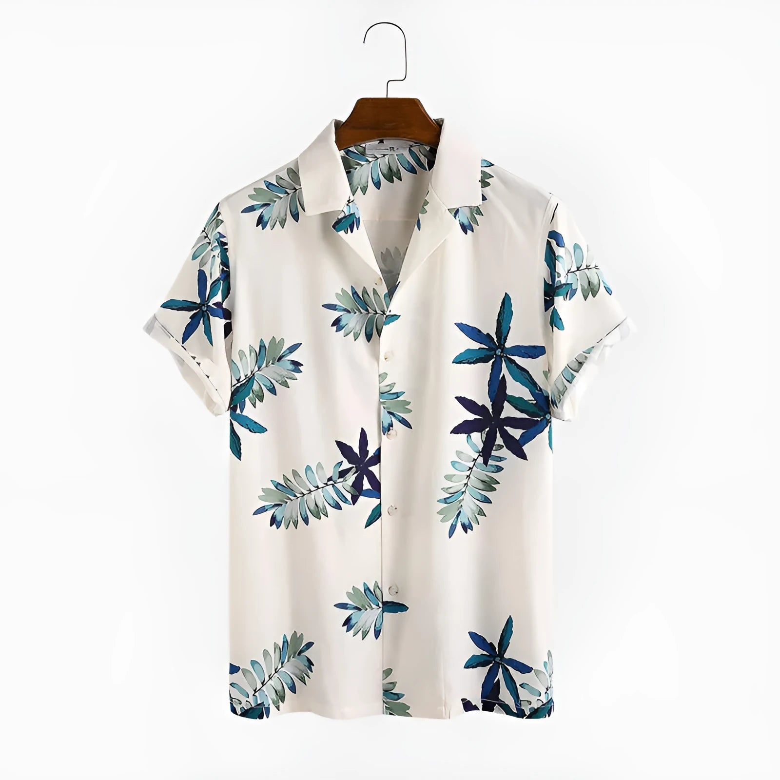 White casual printed cotton shirt with lapel collar and short sleeves, loose fit