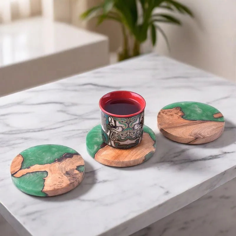 Nordic style wooden coaster with heat insulation resin in a solid colour design.