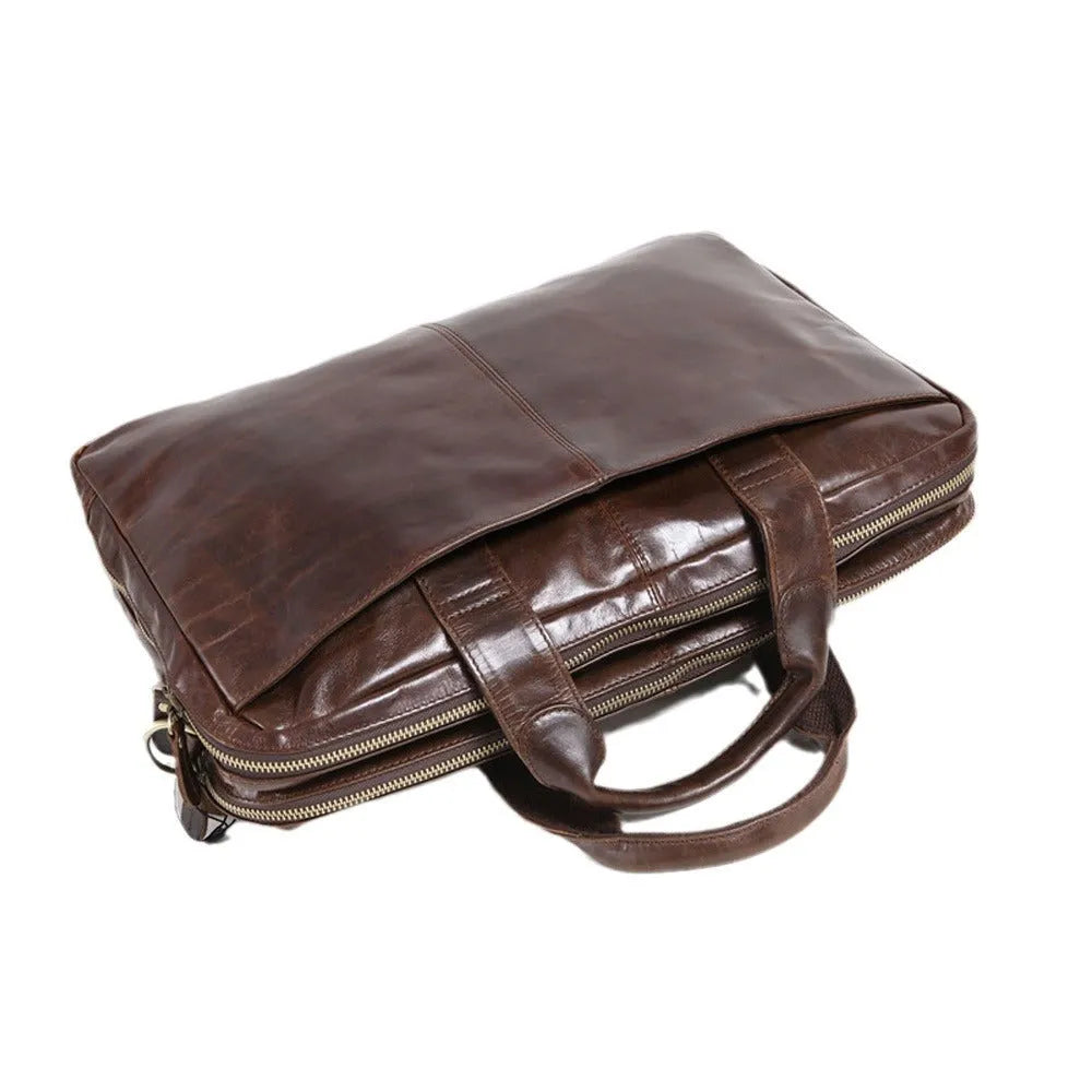Brown leather business briefcase with 18-inch measurement for laptop storage