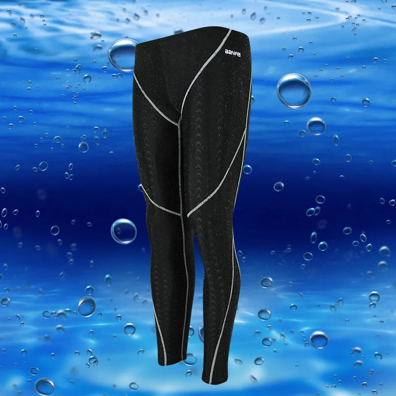 Men's nylon swimming trunks in briefs style with elastic waistband and striped designs in black, grey, green, blue and orange colour combinations
