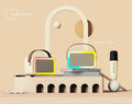 Portable Bluetooth speaker with microphone and coloured LED lights in pink, sky blue, or white.