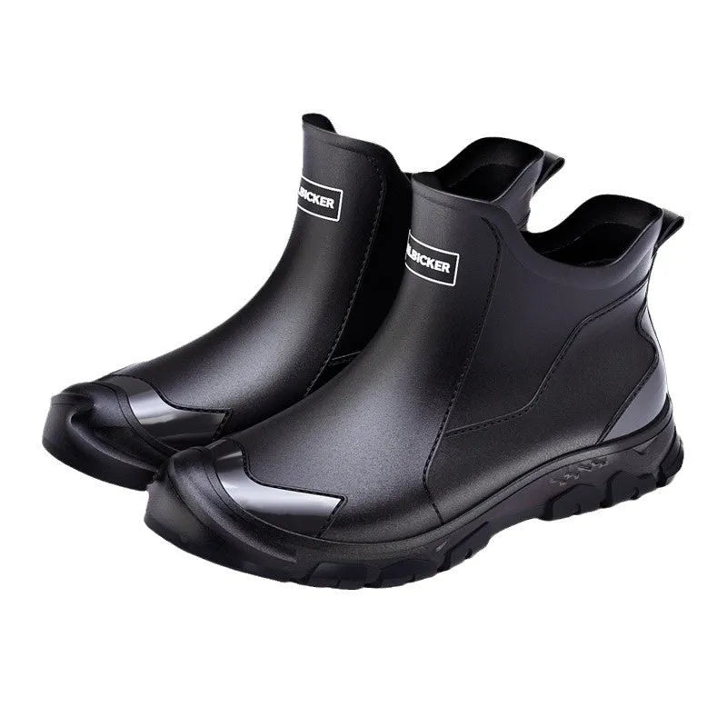 Korean style women's short tube PVC rain boots in black and red colour with round toe design
