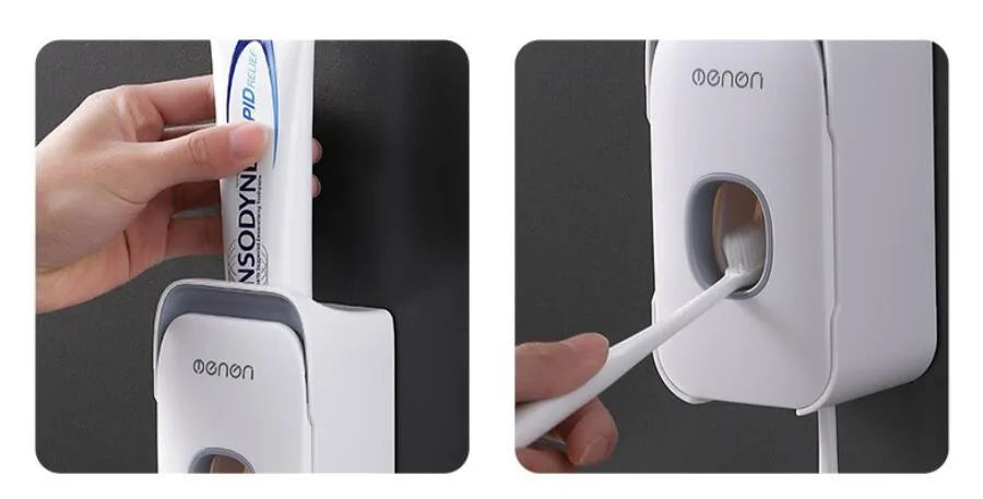 Automatic touchless toothpaste dispenser in blue colour mounted on a bathroom wall.