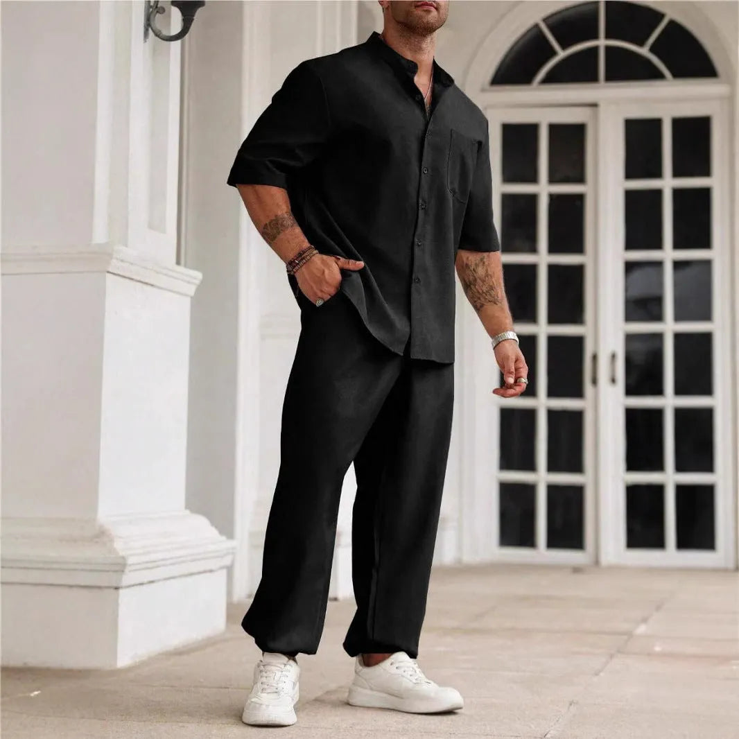 Men's apricot cotton linen casual short sleeve shirt and long trousers set on a hanger
