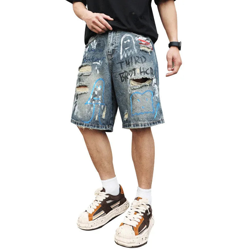Blue ripped men's denim shorts with straight-leg cut and zipper fly closure