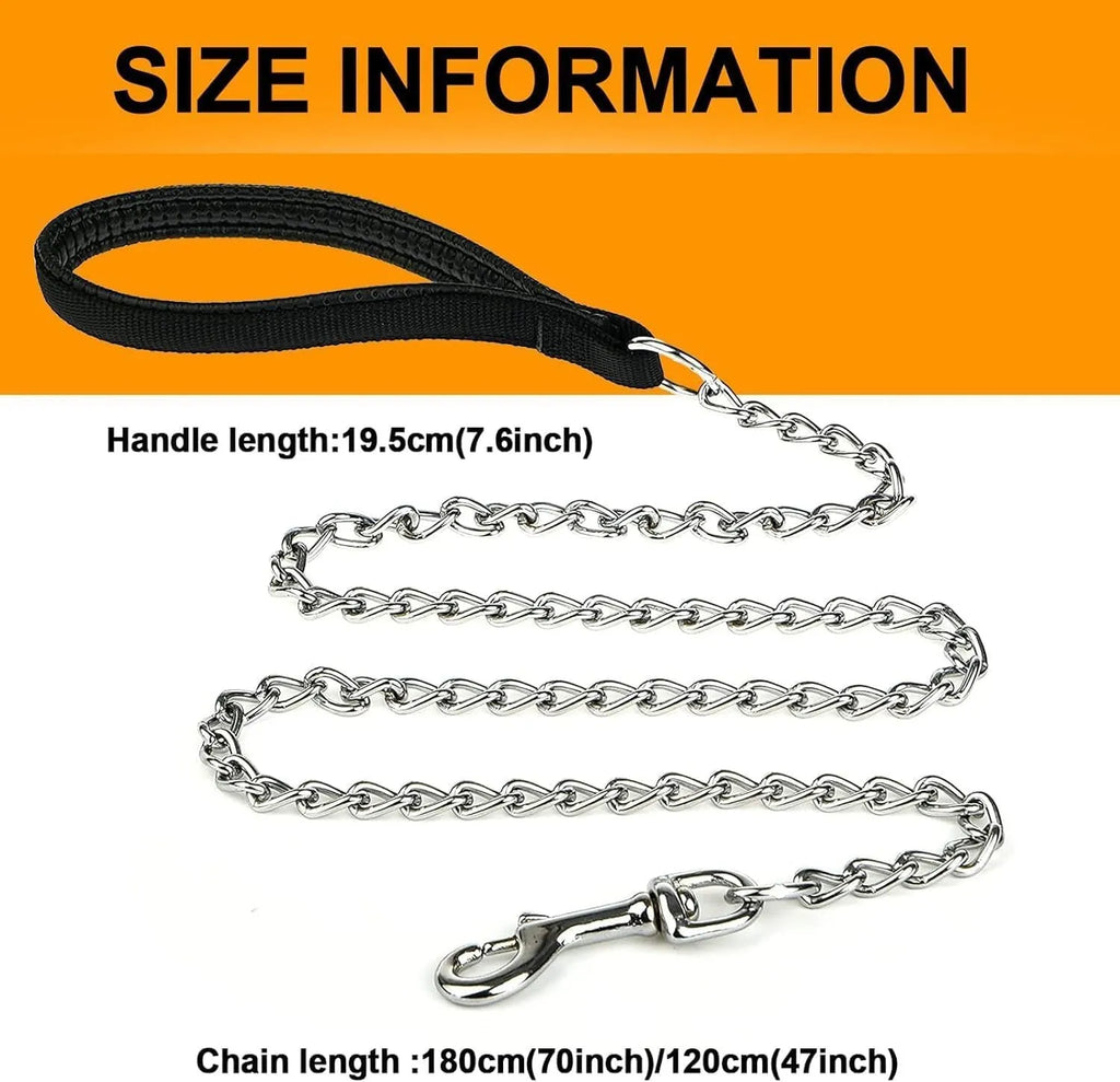Heavy duty chrome metal dog leash chain with a black soft padded handle.