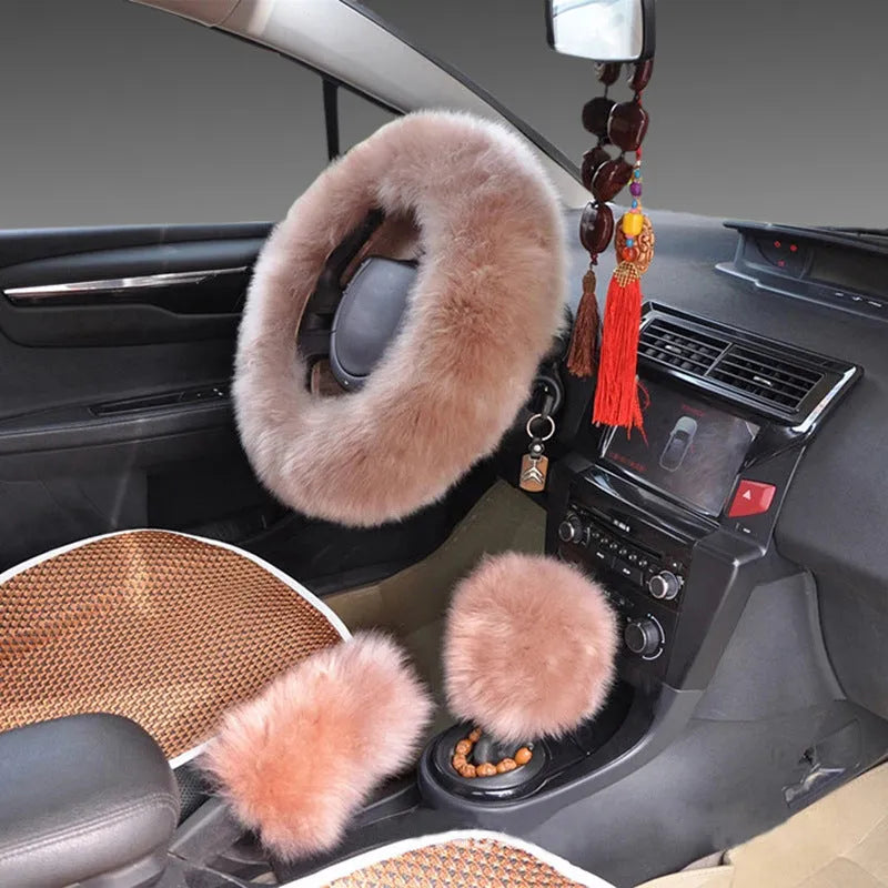 Wool and cashmere blend steering wheel cover and two matching handle covers set for 38cm diameter wheels.