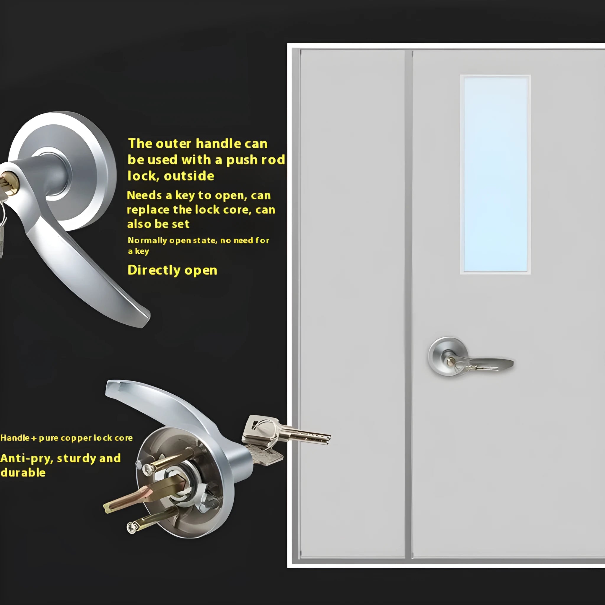 Stainless steel fireproof push lock with external handle for 65cm baked paint single doors