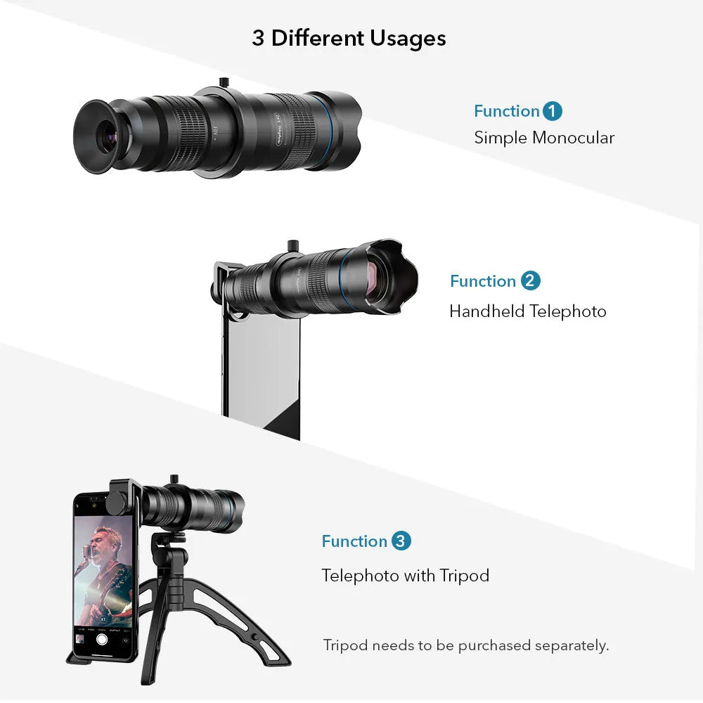 Black 36x optical zoom monocular lens attached to smartphone on adjustable tripod for outdoor photography