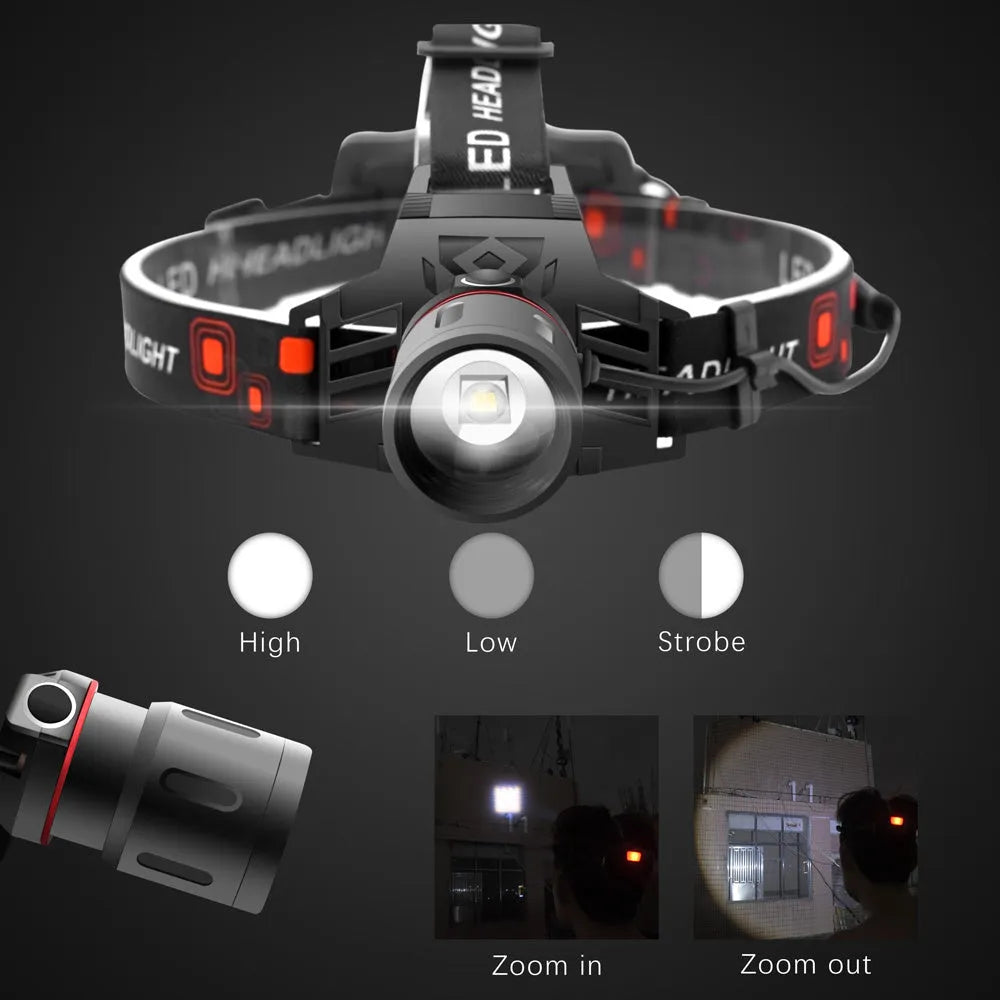 T6 LED zoom headlamp showing white, green, and red light modes with adjustable focus.