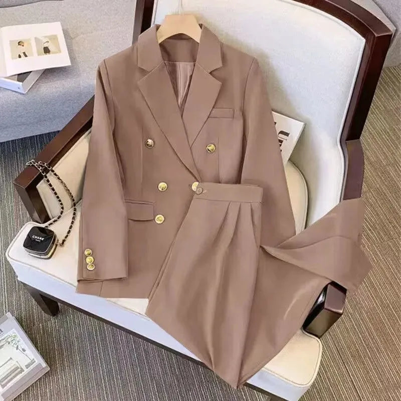 Womens loose fit khaki polyester blouse and trouser set for office wear