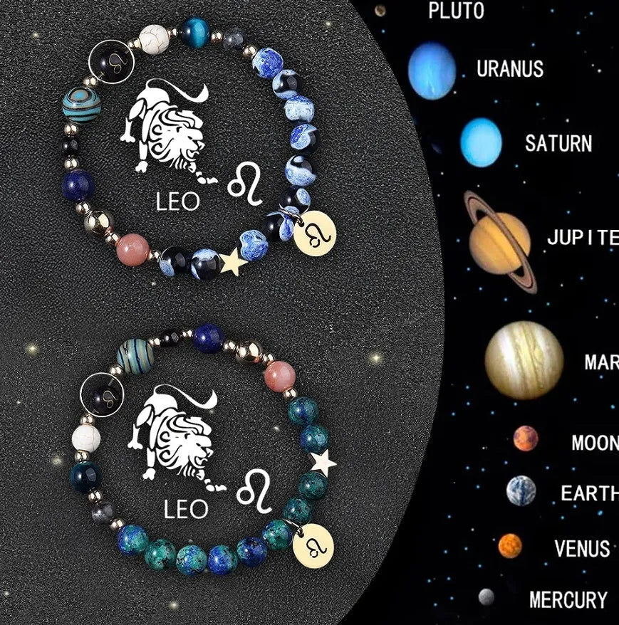 Set of two natural stone beaded zodiac bracelets on a stretch elastic cord.