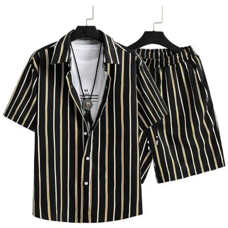 Men's short sleeve digital print suit set with matching shorts in polyester fabric