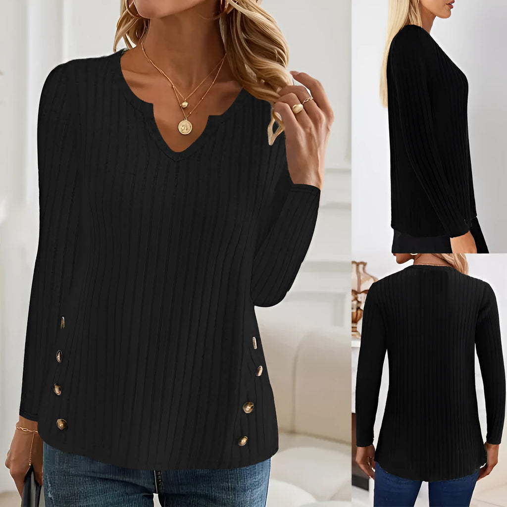 Simple solid colour knitted button sweater in black, a casual polyester pullover with regular sleeves