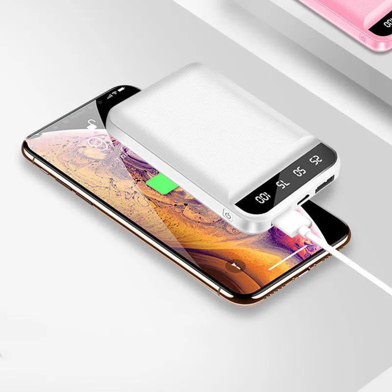 Compact plastic power bank showing multiple colour options and capacity sizes