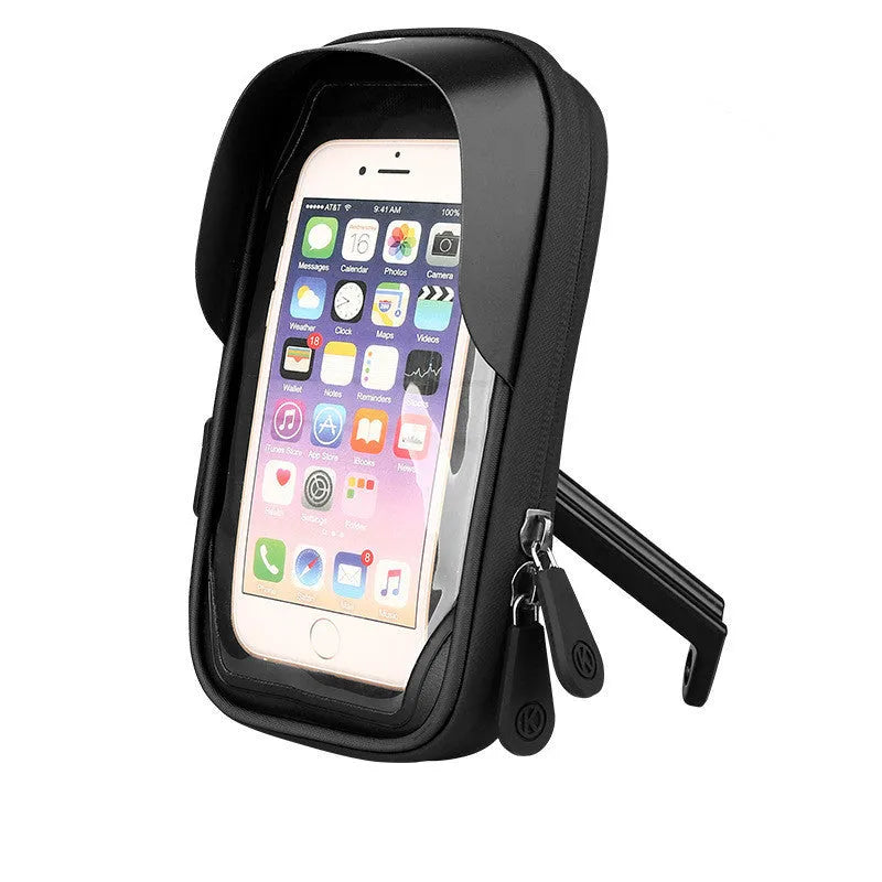 Waterproof bicycle mobile phone holder showing laminated zipper and TPU touchscreen panel