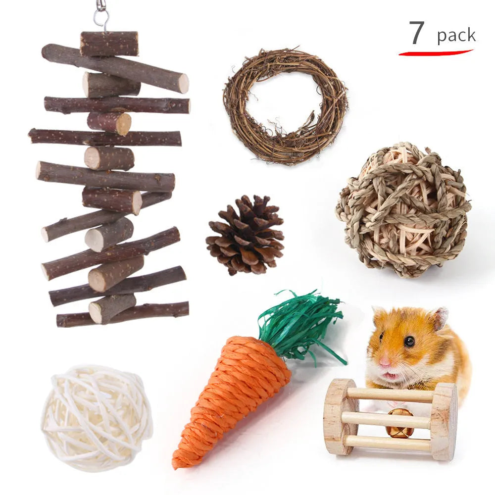Assortment of wooden pet toys for rabbits guinea pigs and parrots in a set