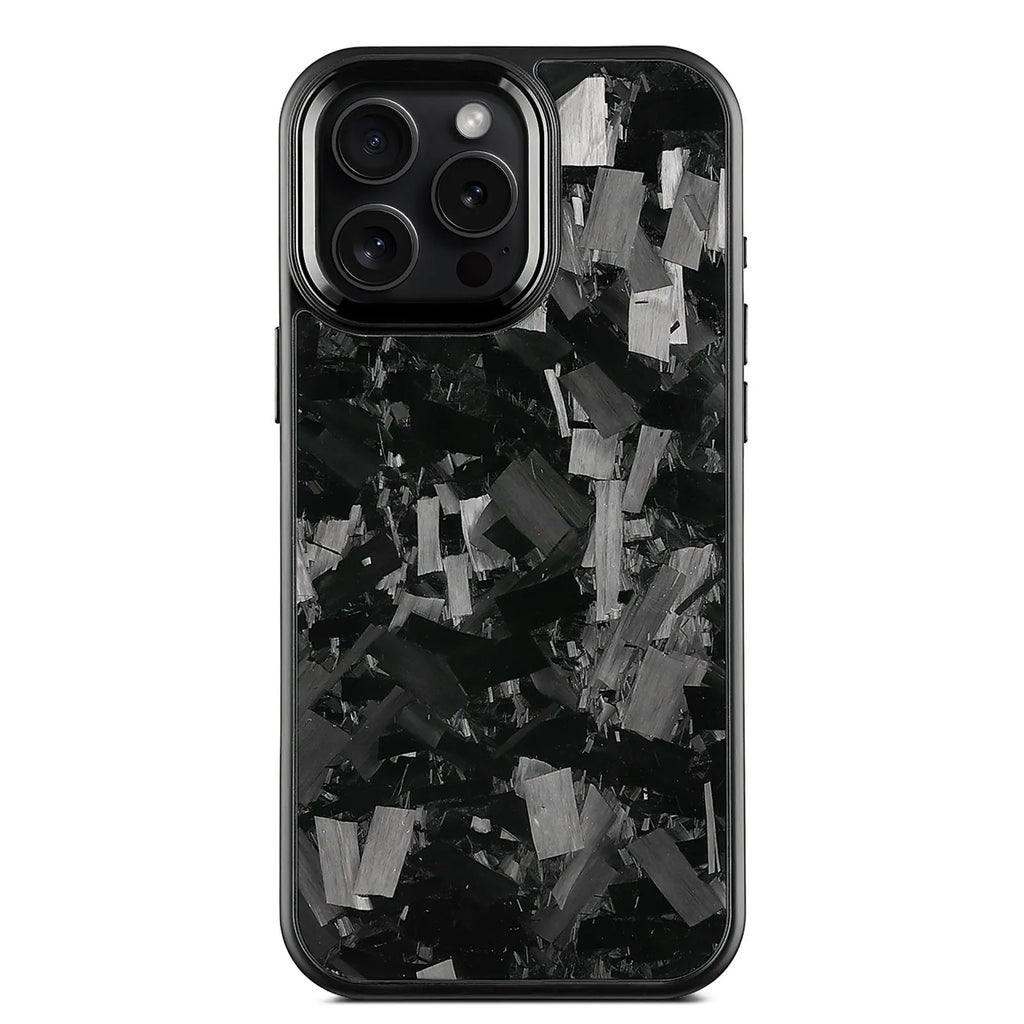 Black carbon fibre magnetic protective phone case with metal forged pattern frame for iPhone 17 series.