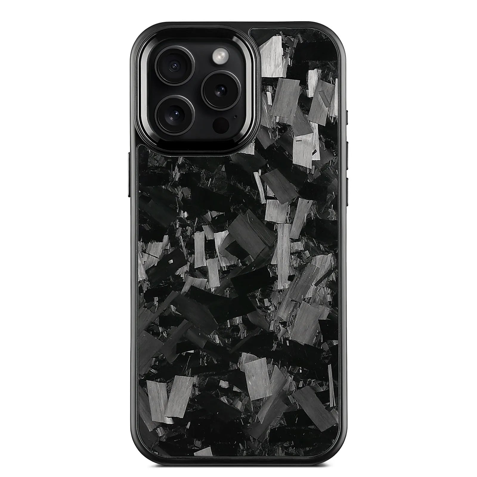 Black carbon fibre magnetic protective phone case with metal forged pattern frame for iPhone 17 series.