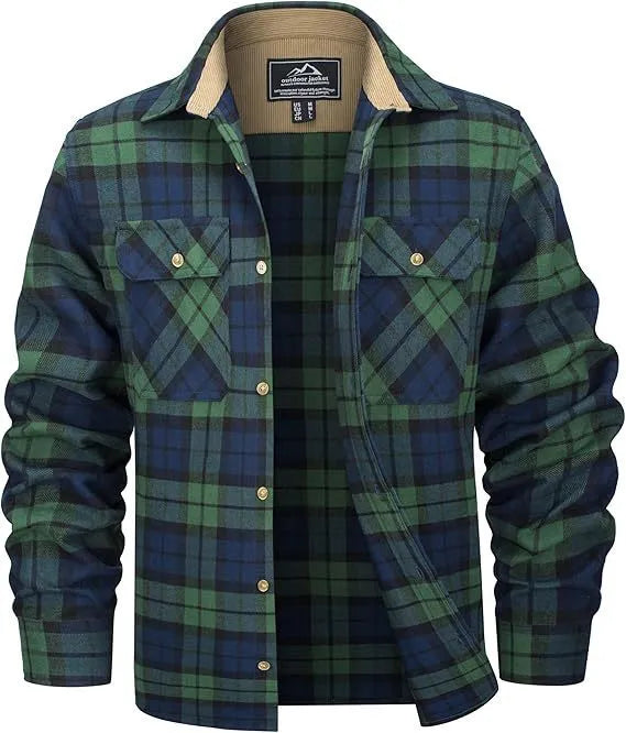 Men's polyester flannel button shirt with plaid pattern in green, navy, orange, and wine red colors available in sizes S to 5XL