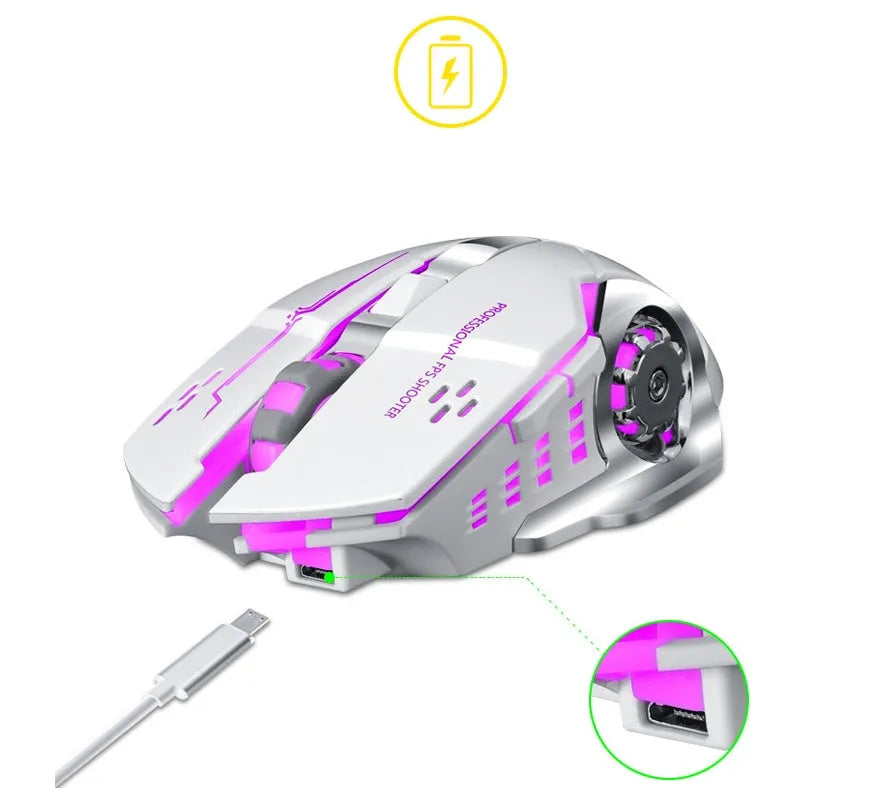 Black and white wireless computer mouse with USB charging cable showing six-button layout