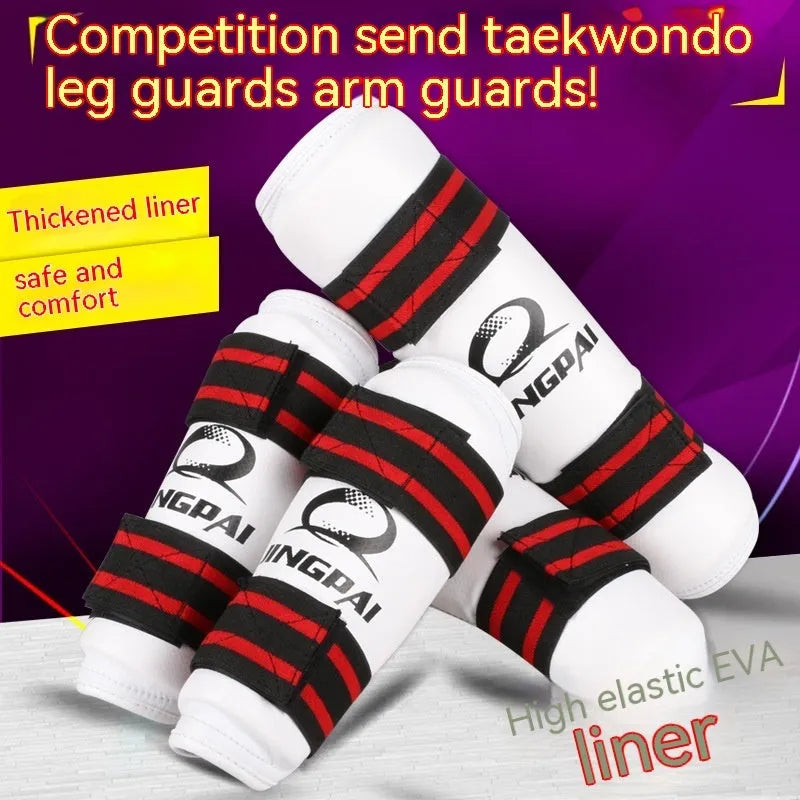 Taekwondo protective gear set showing leg guards, arm guards and elbow protection in PU EVA construction