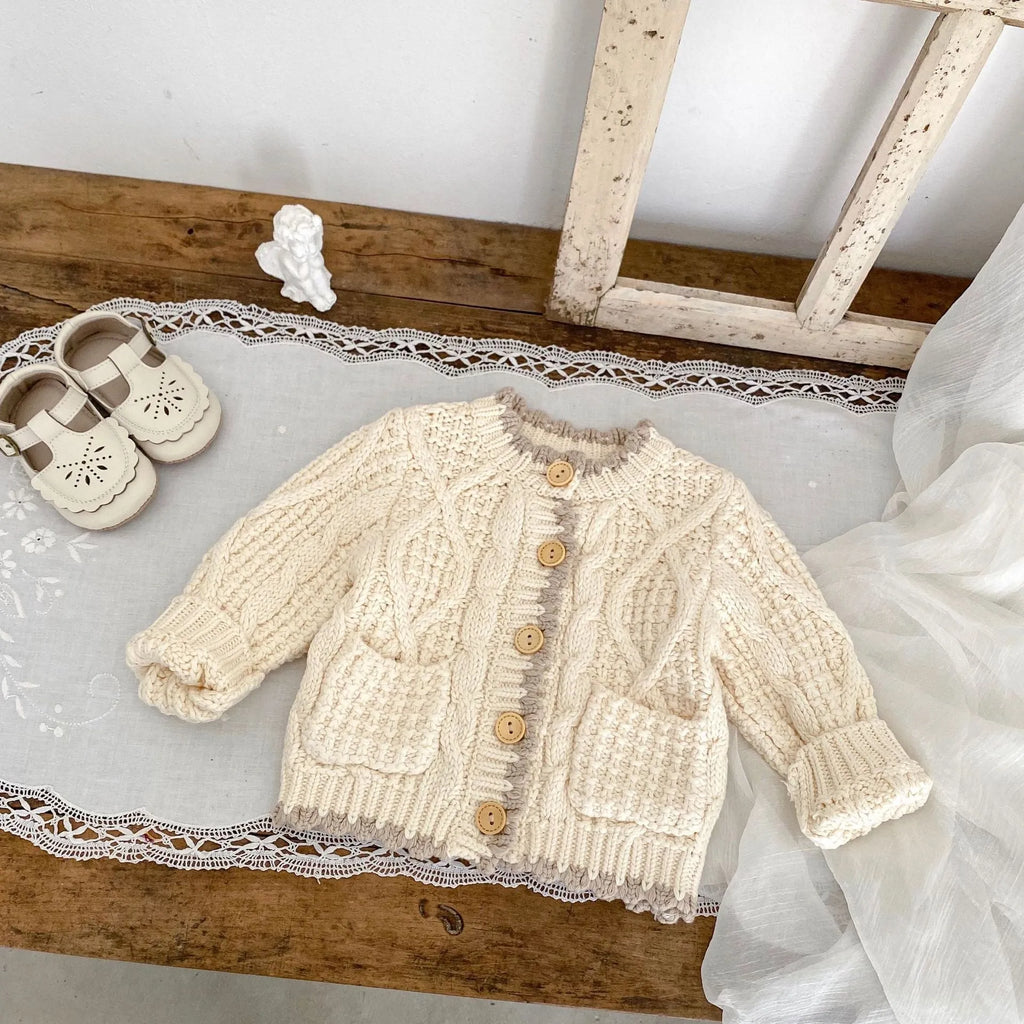 Girls' fashion personality round neck knitted coat in solid colour Apricot White cotton for toddlers