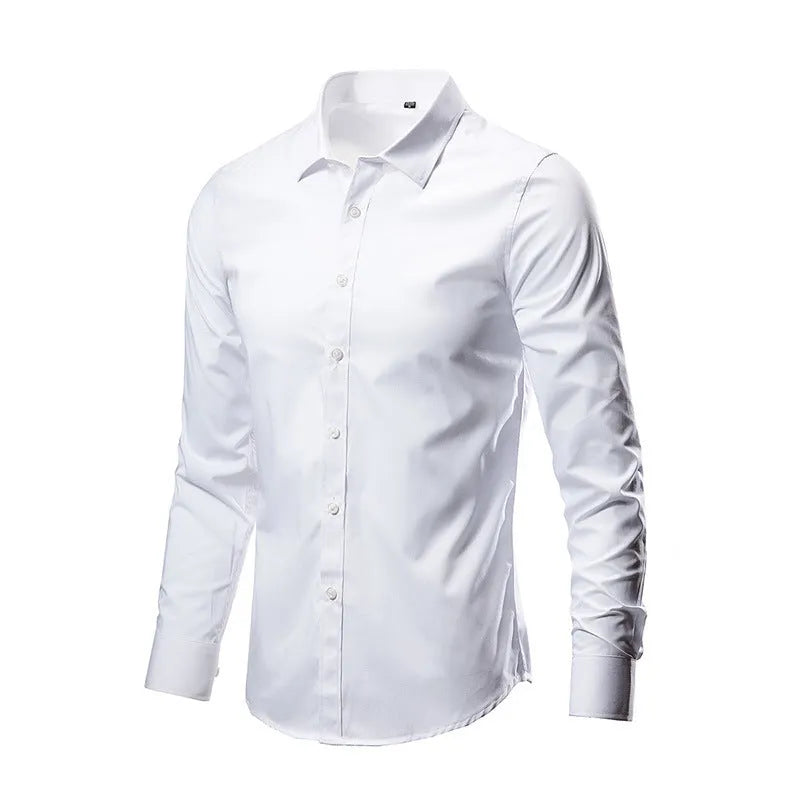 Man wearing a loose fit long-sleeve linen shirt in a neutral colour, showcasing the casual silhouette.