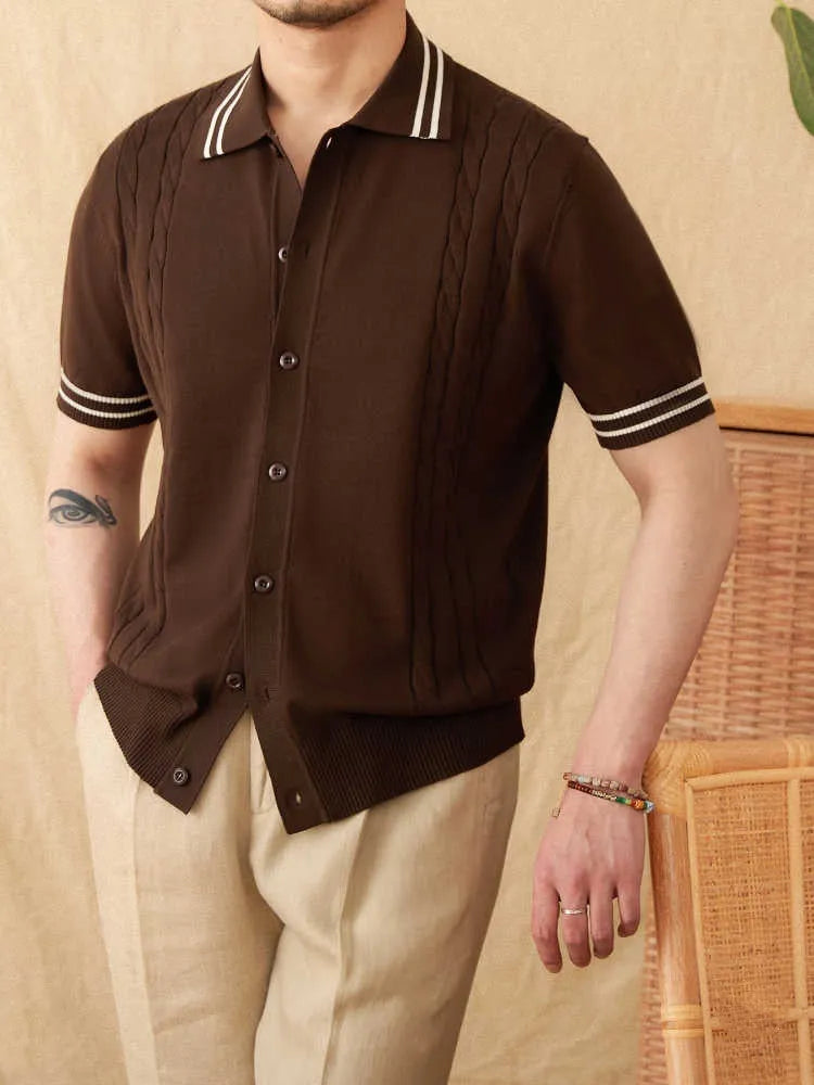 Cotton-blended lapel polo shirt in apricot colour with short sleeves