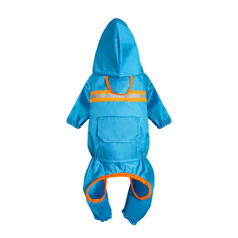Pet reflective raincoat in orange on a dog showing back length and reflective strip for visibility