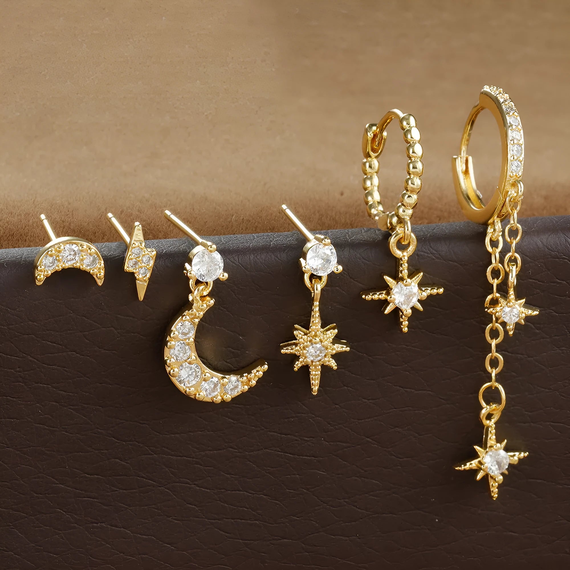 XINGX six piece gold electroplated chain tassel earrings set with zircon details on copper