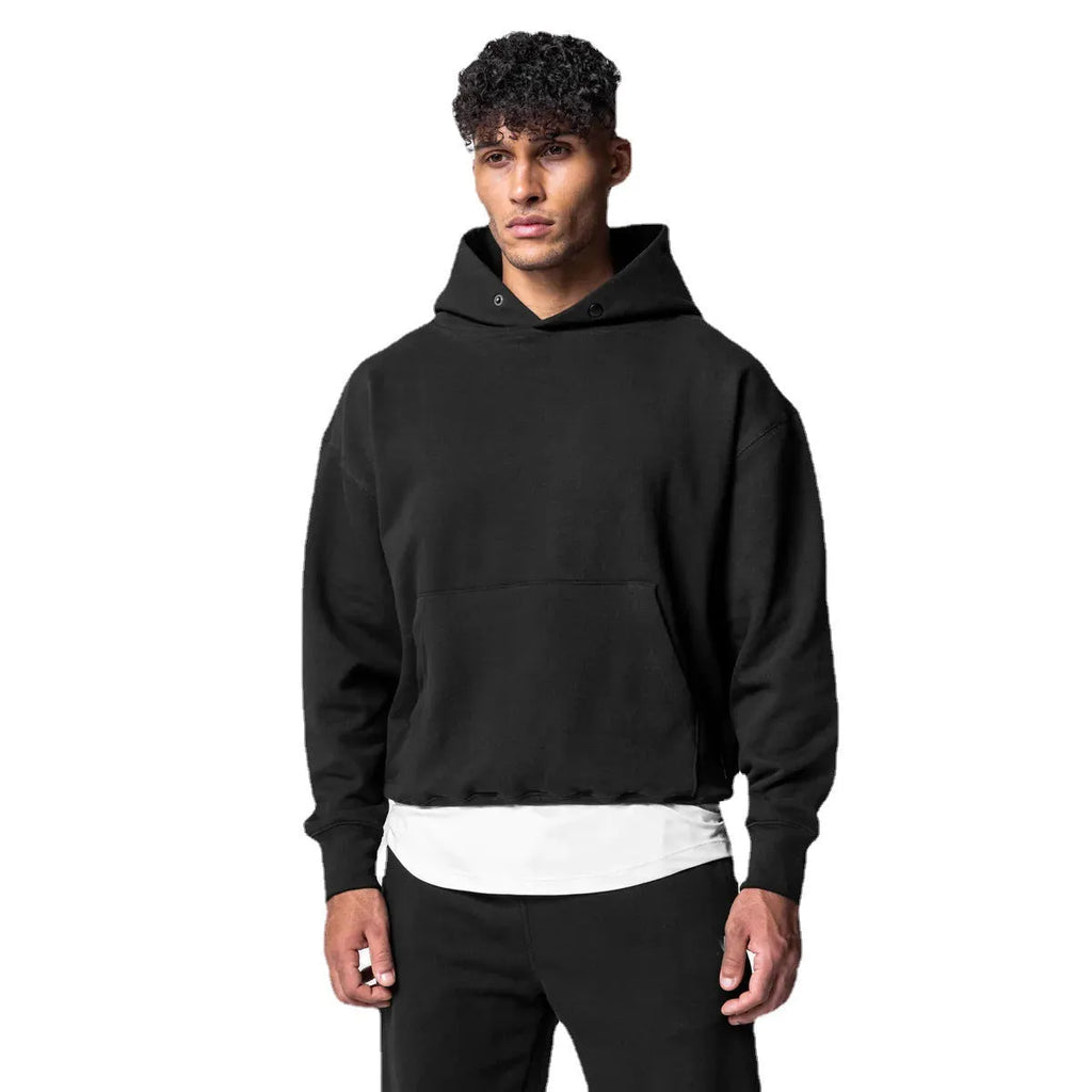 Men's cotton hoodie and jogger tracksuit set in black with pullover top and trousers for sports