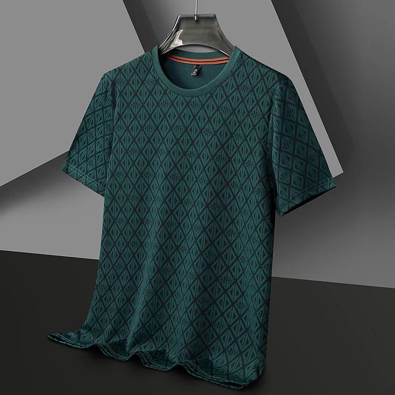 Man wearing a black loose-fit jacquard short sleeve t-shirt made from cool Ice Silk fabric.