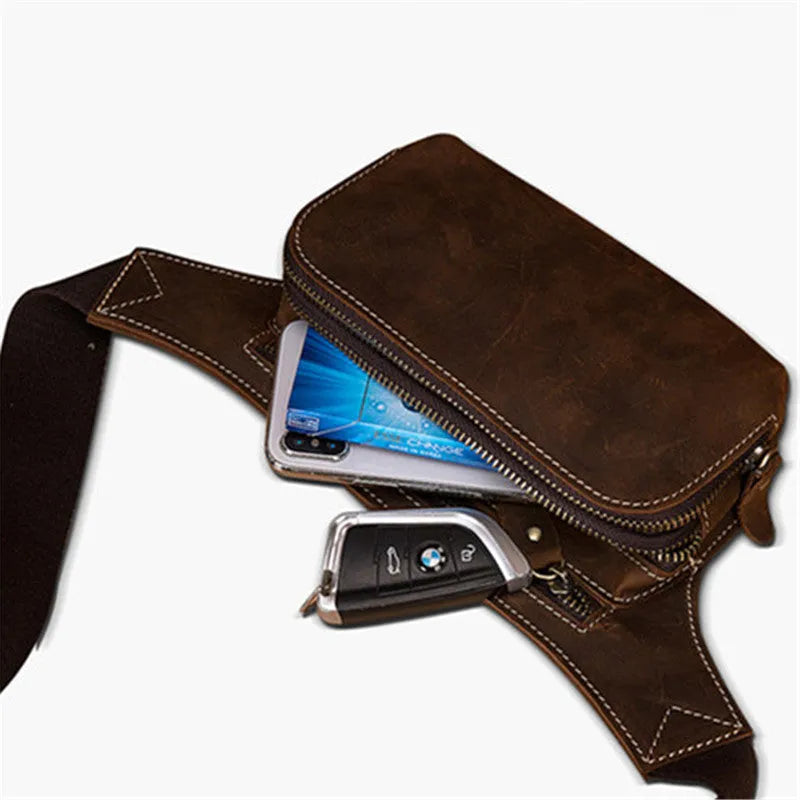 Brown top layer cowhide men's sports waist bag with zipped closure shown from front