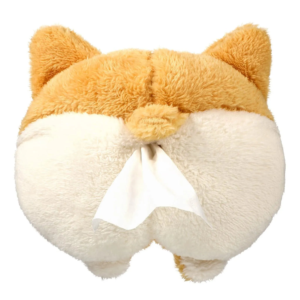 Yellow soft plush corgi butt shaped car tissue holder with elastic hanging straps.