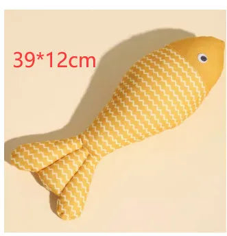 Catnip fish toy in blue, red, or yellow with measured dimensions for feline play