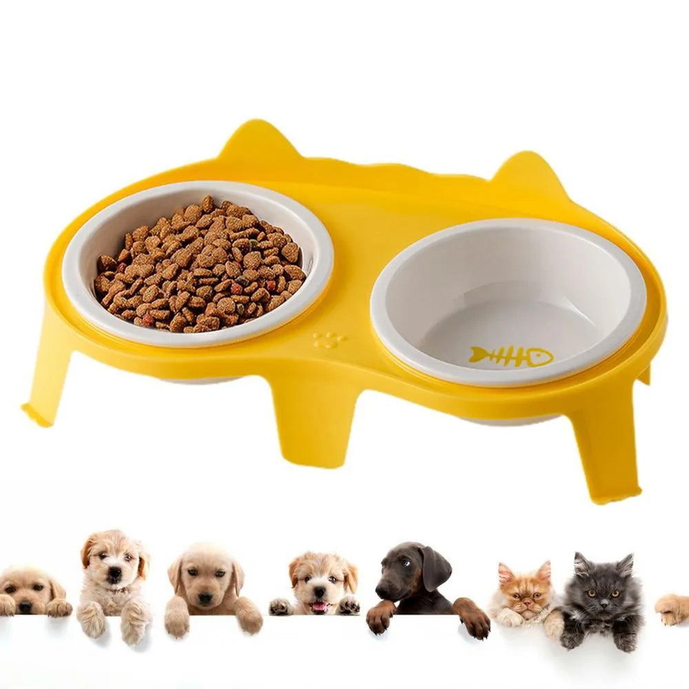 Ceramic cat food and water bowl set with tilted elevated stand in blue colour option
