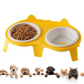 Ceramic cat food and water bowl set with tilted elevated stand in blue colour option