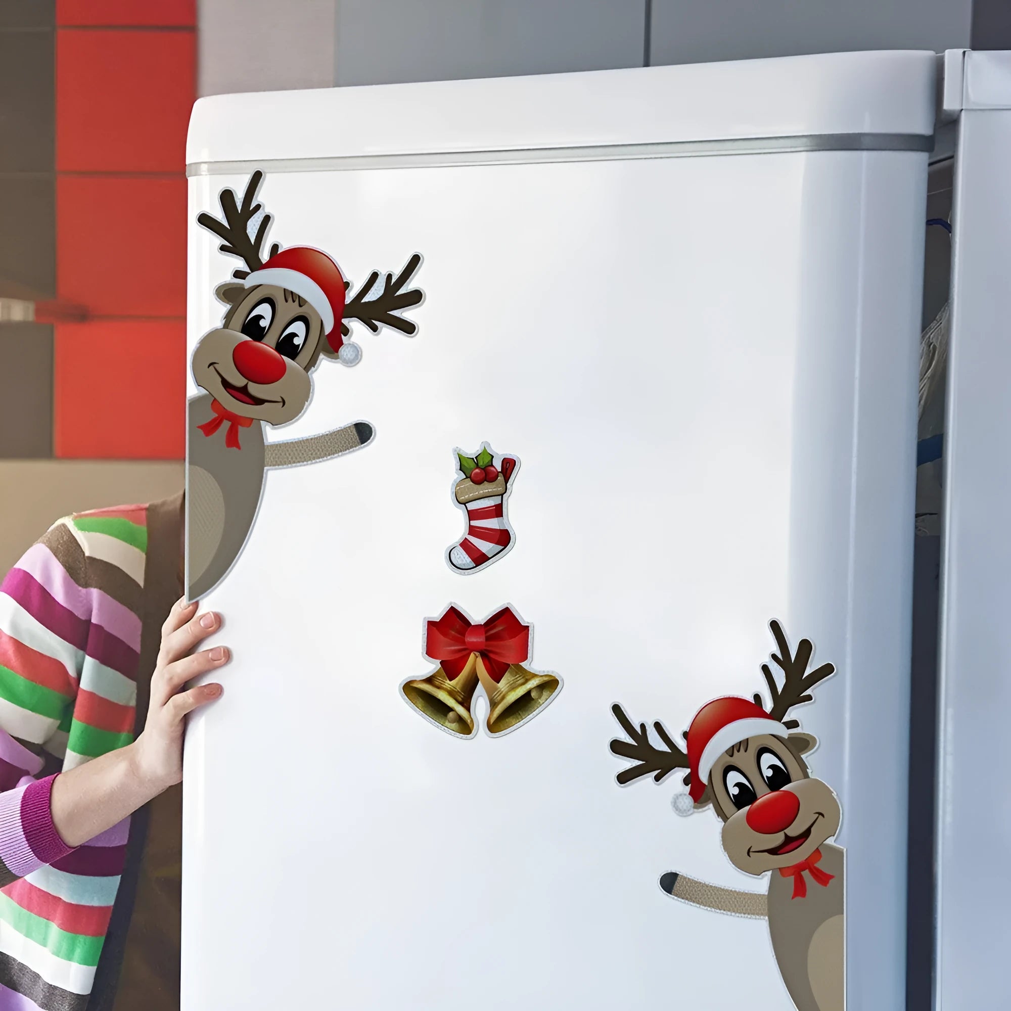 Cartoon Christmas elk and bell design magnetic bumper stickers with reflective and luminous properties.