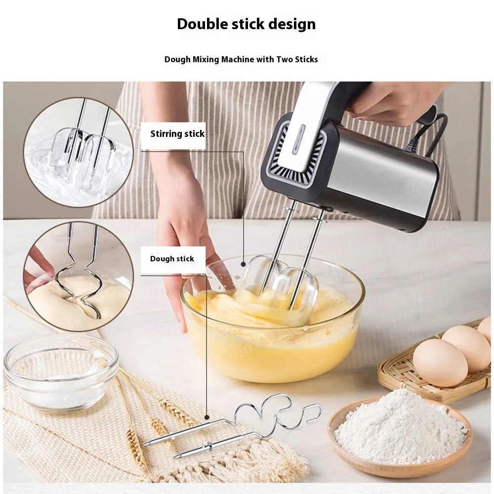 Silver handheld electric kitchen whisk with 5 speed settings