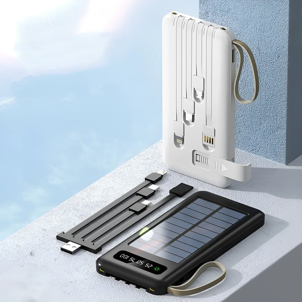 Black or white solar power bank with built-in panel showing capacity options of 20000mAh and 30000mAh.