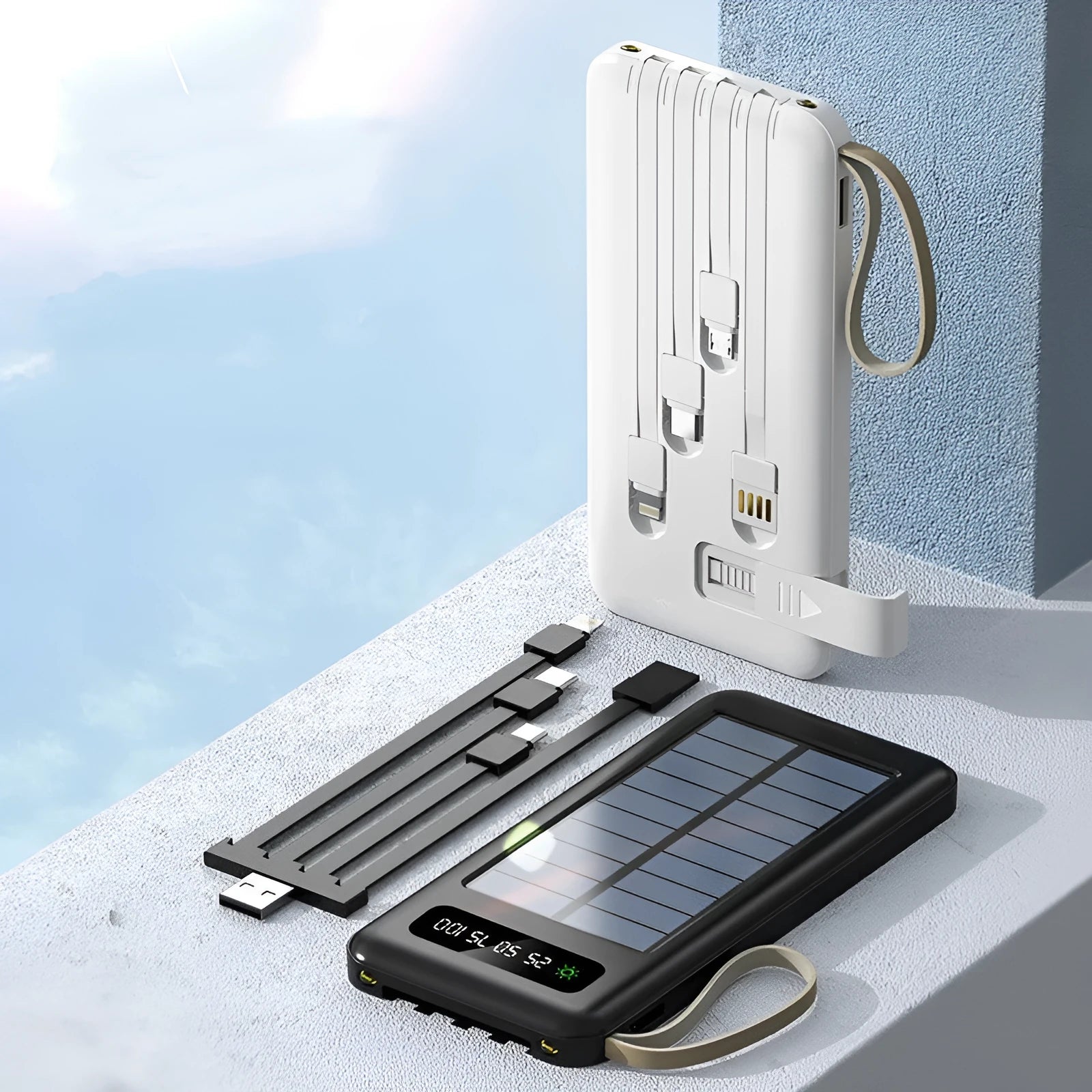 Black or white solar power bank with built-in panel showing capacity options of 20000mAh and 30000mAh.