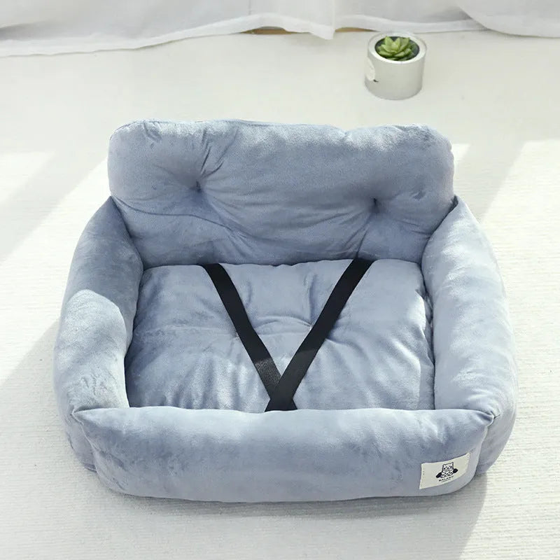 Blue plaid and grey car-mounted pet travel nests in two sizes for small to medium dogs