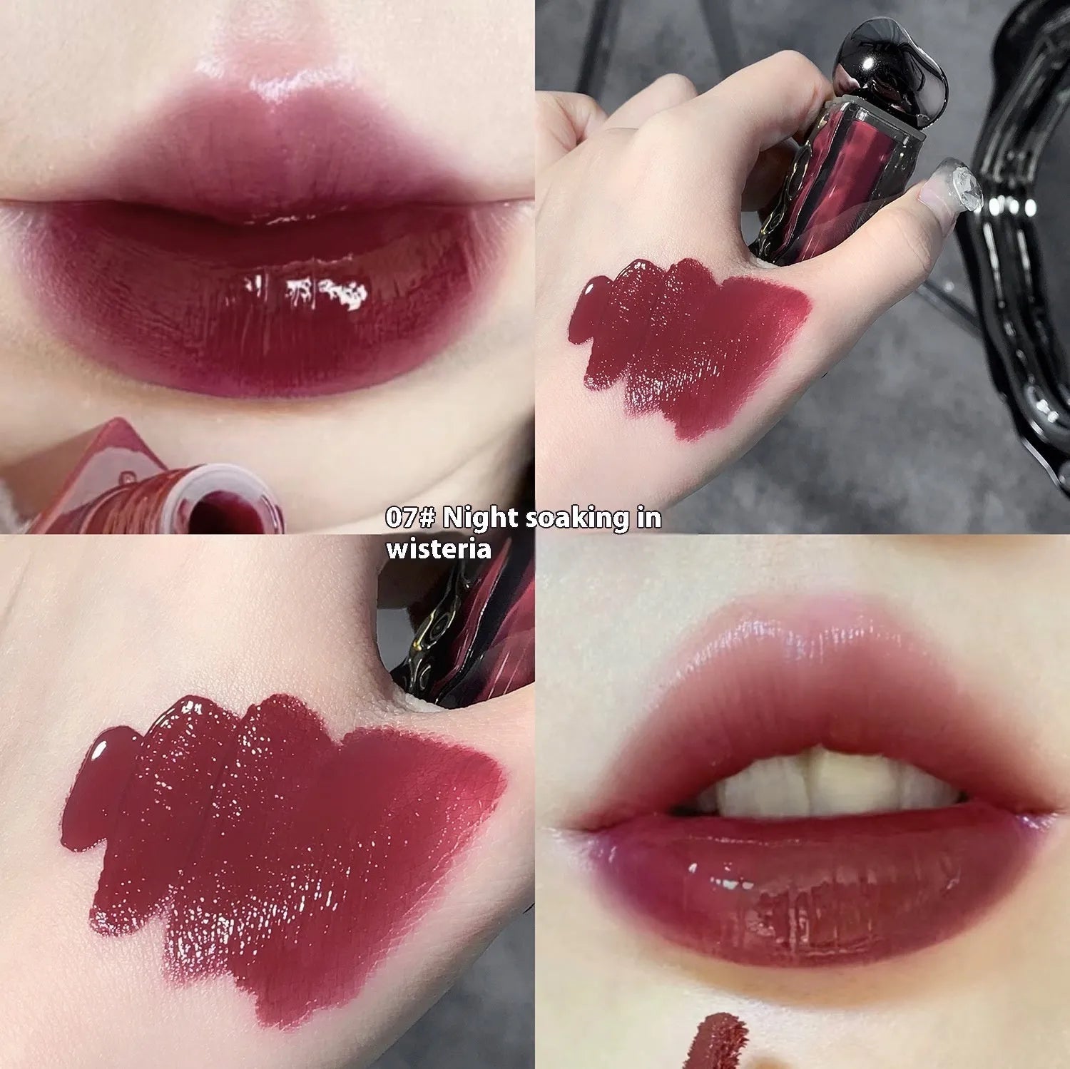 Glacier Lava Lip Lacquer lip gloss tube showcasing a high-shine, mirror finish, with visual of seven colour shade options.