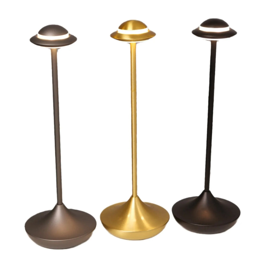 UFO-shaped metal table lamp with touch controls in black, gold, or grey colour options