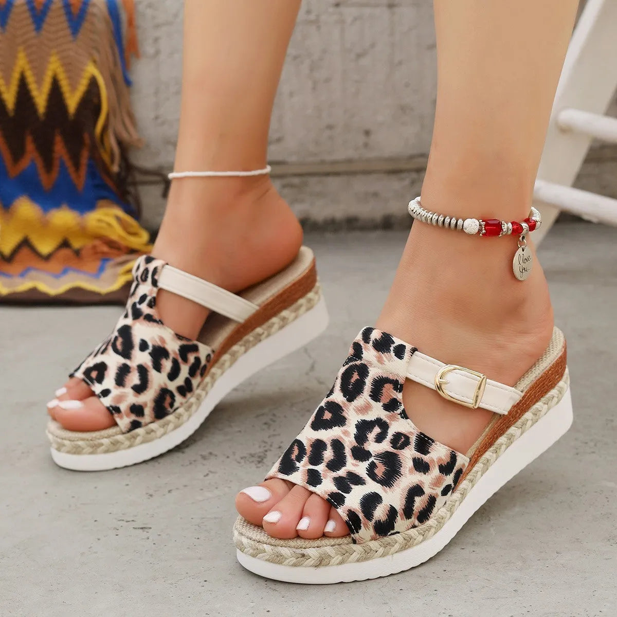 Women's leopard print platform sandals with wedge heel and fish mouth toe in beige, light green, and yellow.