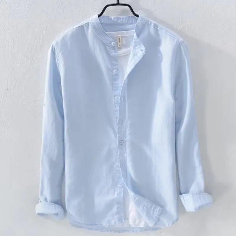 Loose casual long sleeve shirt in cotton linen fabric showing solid colour design