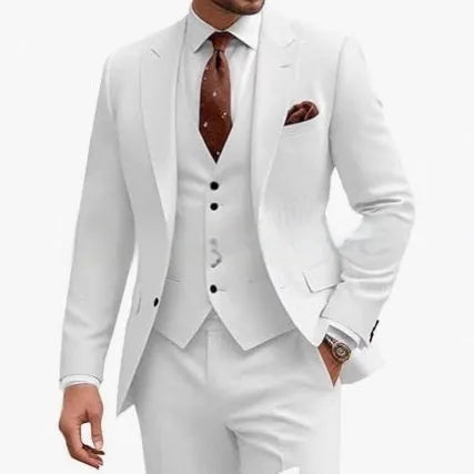 Men's slim fit three-piece suit in a bright red colour, featuring a jacket, waistcoat, and trousers.
