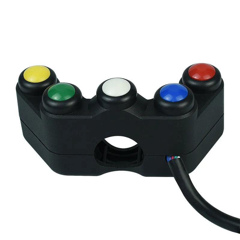 Plastic five-position switch with red, yellow, blue, green, and white buttons for motorcycle electrical modifications.